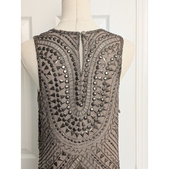Parker 100% Silk Fully Beaded Allegra Mini Dress Taupe Size M Fairy Goth Grunge - Picture 9 of 16